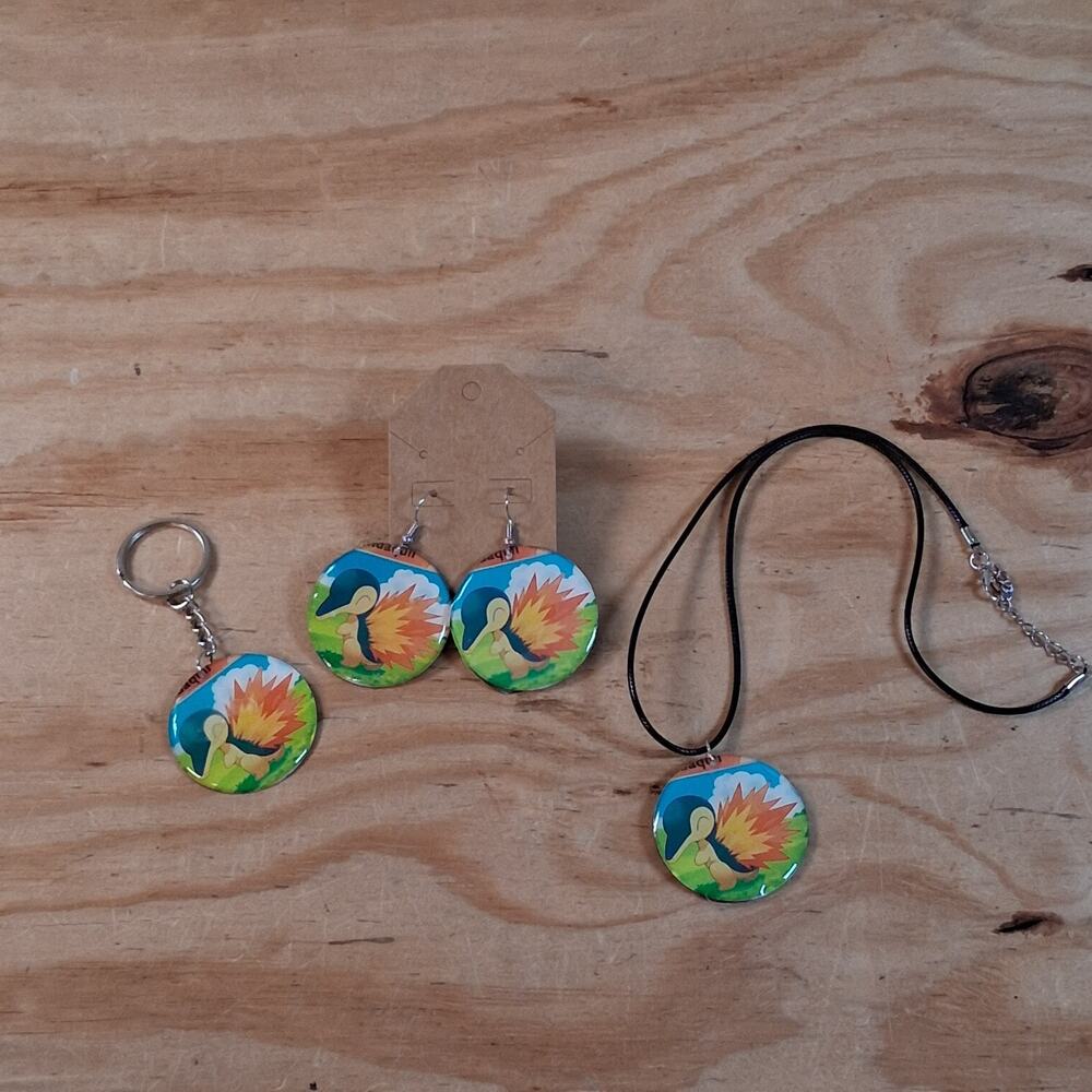 Handmade Cyndaquil Jewelry Set Necklace Earring Keychain Set Round Resin